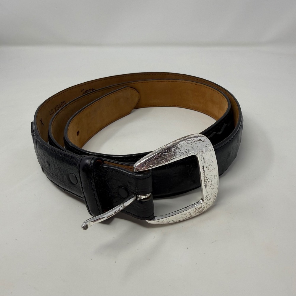 Tony Lama Mens Black Full‎ Quill Ostrich Leather Western Belt Engraved Buckle 46
